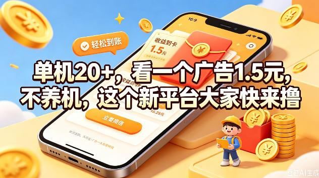 单机20+，看一个广告1.5米，不养机，这个新平台大家快来撸【揭秘】-轻创星球网