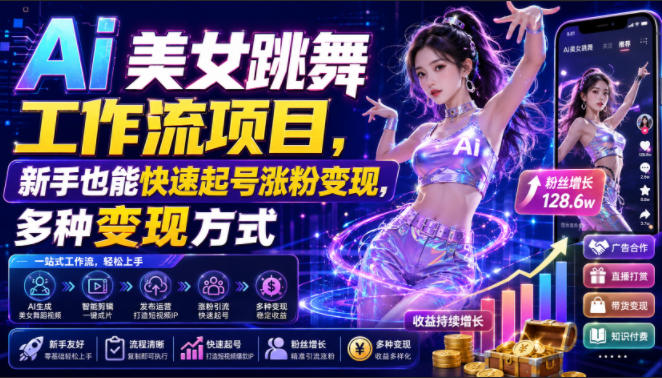 Ai美女跳舞工作流项目，新手也能快速起号涨粉变现，多种变现方式-轻创星球网