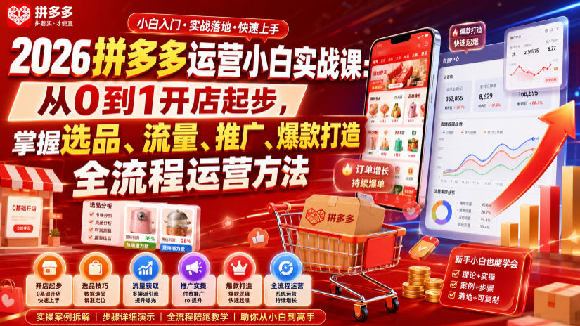 2026拼多多运营小白实战课：从0到1开店起步，掌握选品、流量、推广、爆款打造全流程运营方法-轻创星球网