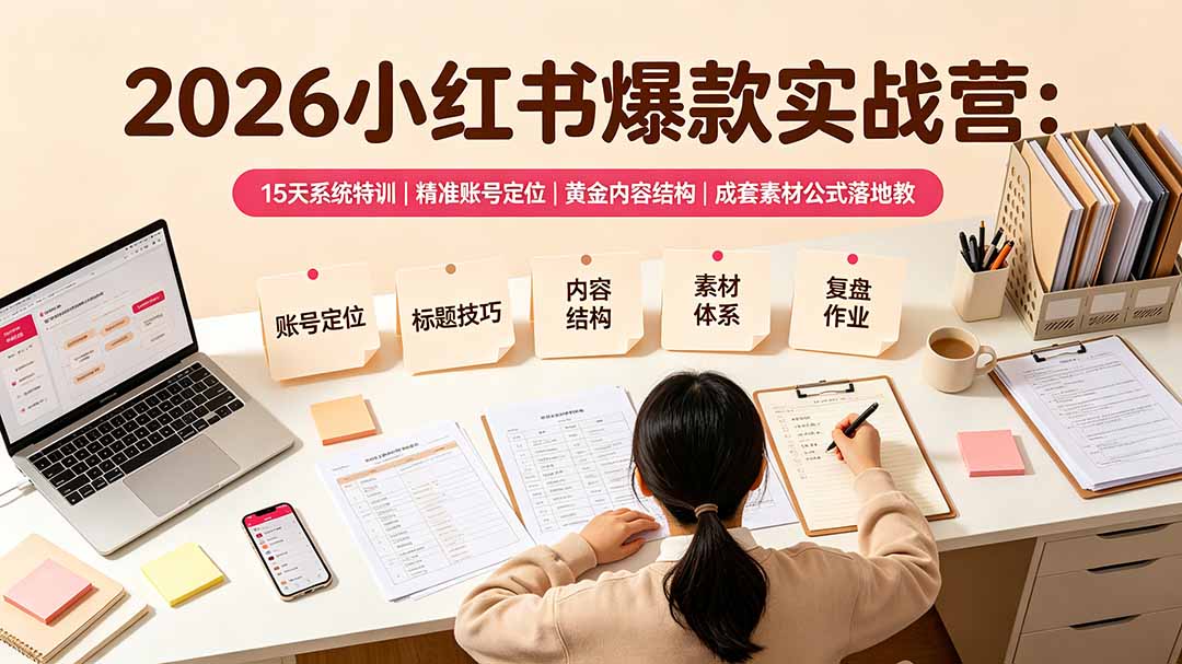 2026小红书爆款实战营：15天系统特训｜精准账号定位｜黄金内容结构｜成套素材公式落地教程-轻创星球网
