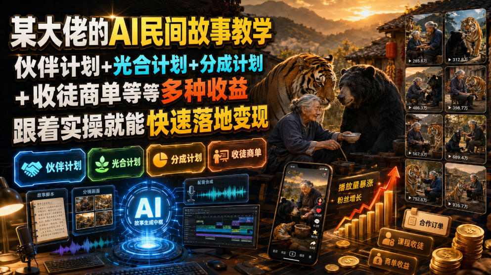 某大佬的AI民间故事教学，伙伴计划+光合计划+分成计划+收徒商单等多种收益，跟着实操就能快速落地变现-轻创星球网