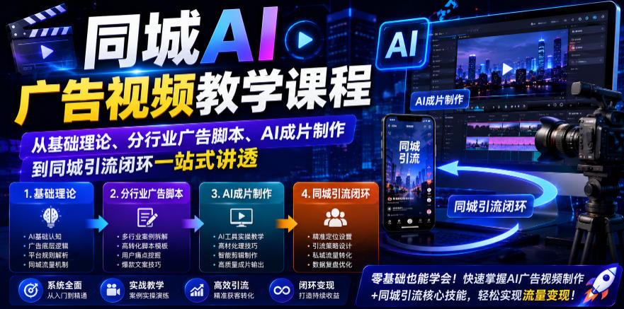 同城AI广告视频教学课程，从基础理论、分行业广告脚本、AI成片制作到同城引流闭环一站式讲透-轻创星球网