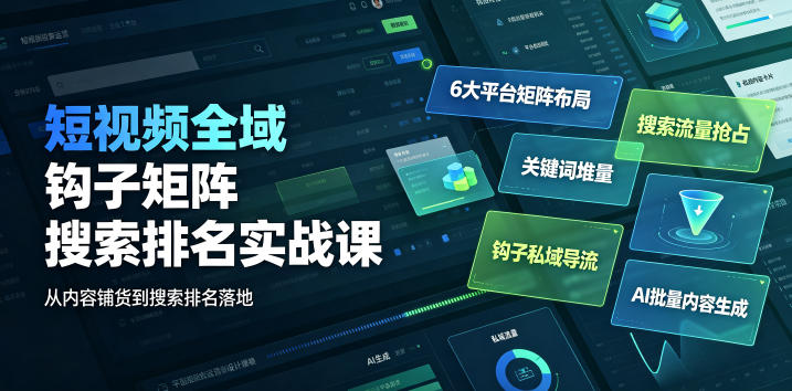 短视频全域钩子矩阵搜索排名实战课｜6大平台矩阵布局、关键词堆量抢占搜索流量、钩子私域导流、AI批量内容生成-轻创星球网