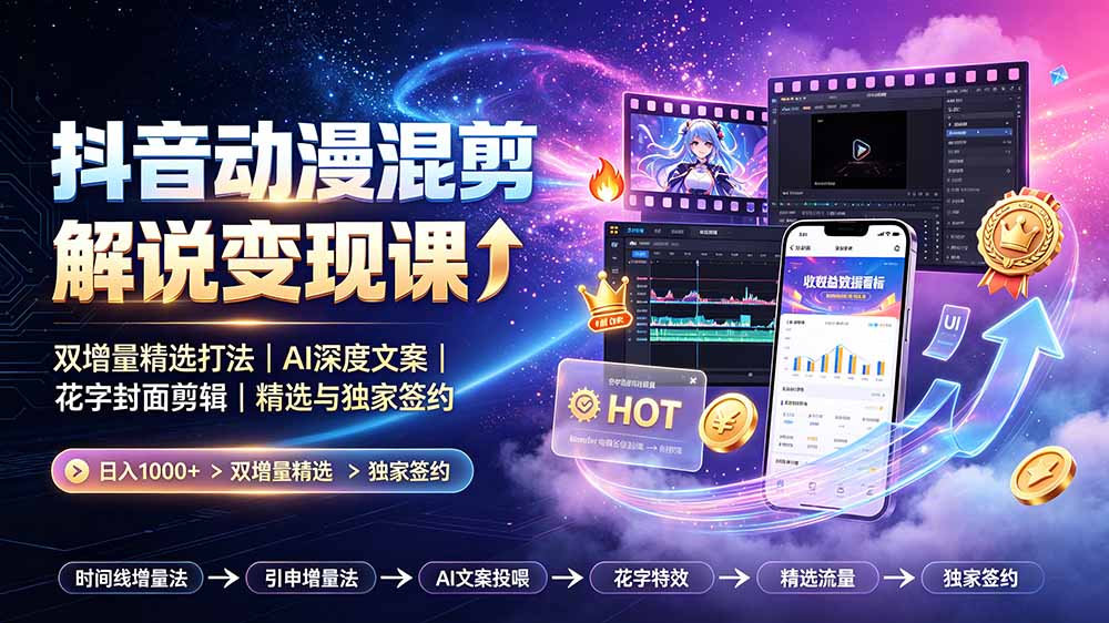 抖音动漫混剪解说变现课：双增量精选打法｜AI深度文案｜花字封面剪辑｜ 精选与独家签约日入1000+-轻创星球网