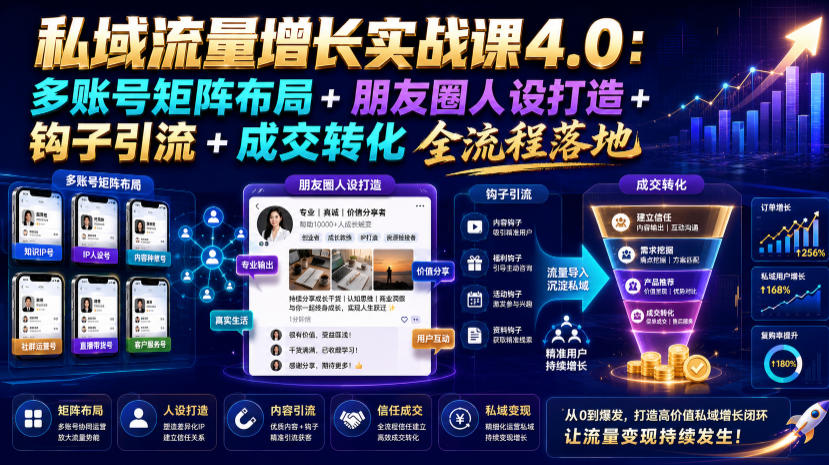 私域流量增长实战课4.0：多账号矩阵布局+朋友圈人设打造+钩子引流+成交转化全流程落地-轻创星球网