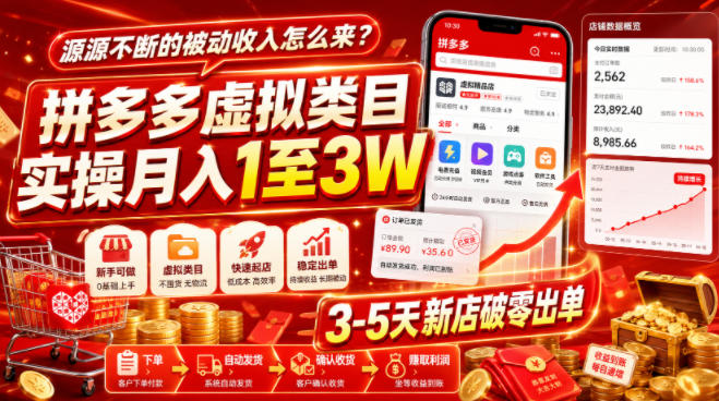 源源不断的被动收入怎么来？拼多多虚拟类目实操月入1至3W，3-5天新店破零出单-轻创星球网