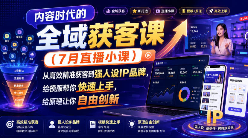 内容时代的全域获客课(7月直播小课)，从高效精准获客到强人设IP品牌，给模版帮你快速上手，给原理让你自由创新-轻创星球网