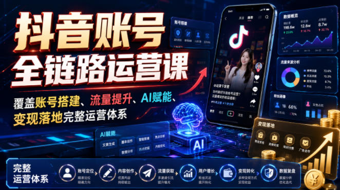 抖音账号全链路运营课，覆盖账号搭建、流量提升、AI赋能、变现落地完整运营体系-轻创星球网