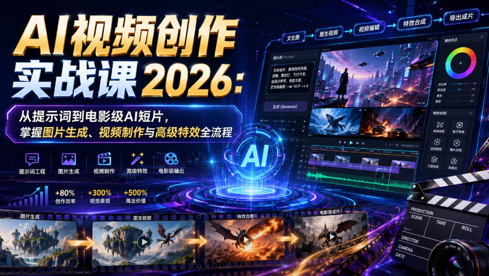 AI视频创作实战课2026：从提示词到电影级AI短片，掌握图片生成、视频制作与高级特效全流程-轻创星球网