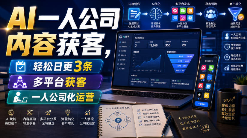 AI一人公司内容获客，轻松日更3条，多平台获客，一人公司化运营-轻创星球网