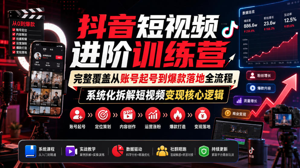 抖音短视频进阶训练营，完整覆盖从账号起号到爆款落地全流程，系统化拆解短视频变现核心逻辑-轻创星球网