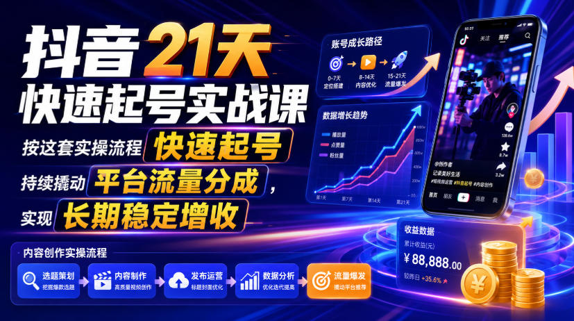 抖音21天快速起号实战课，按这套实操流程快速起号，持续撬动平台流量分成，实现长期稳定增收-轻创星球网