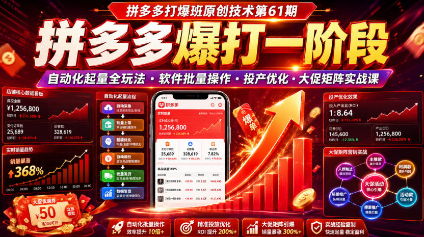 拼多多打爆班原创技术第61期，拼多多爆打一阶段，自动化起量全玩法・软件批量操作・投产优化・大促矩阵实战课-轻创星球网