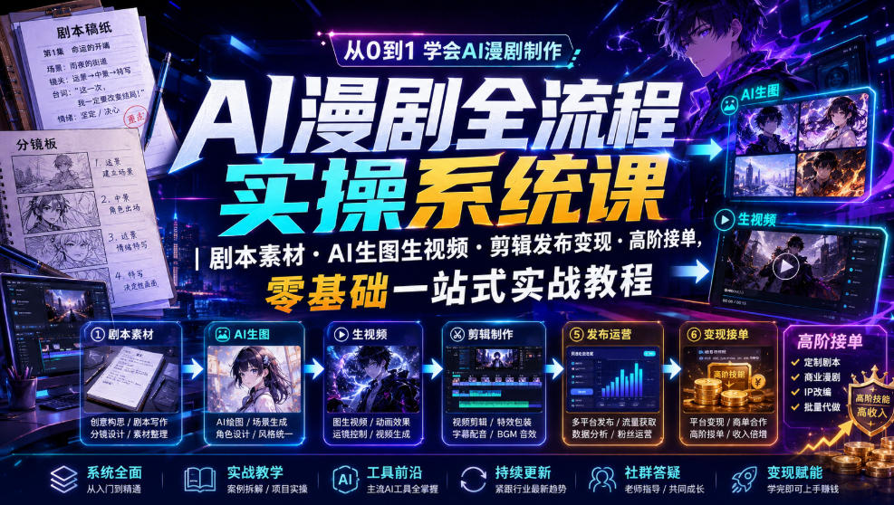 AI漫剧全流程实操系统课｜剧本素材・AI生图生视频・剪辑发布变现・高阶接单，零基础一站式实战教程-轻创星球网