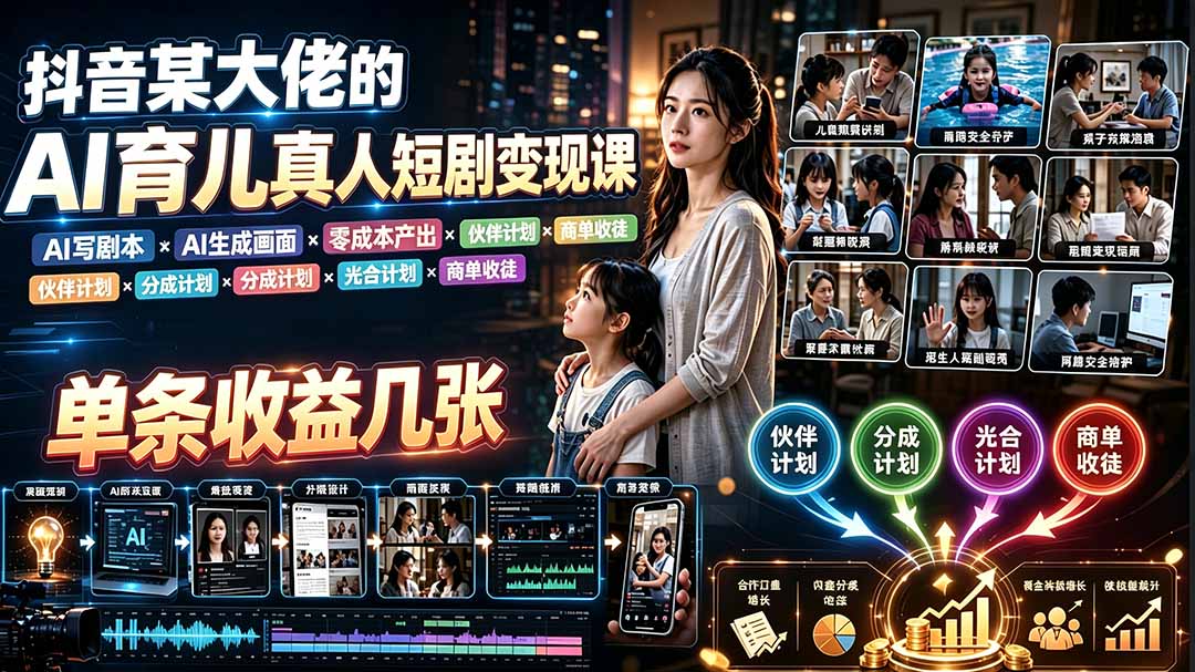 AI育儿真人短剧变现课：AI写剧本×AI生成画面×零成本产出×伙伴计划×分成计划×光合计划×商单收徒-轻创星球网