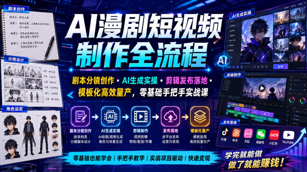 AI漫剧短视频制作全流程｜剧本分镜创作・AI生成实操・剪辑发布落地・模板化高效量产，零基础手把手实战课-轻创星球网