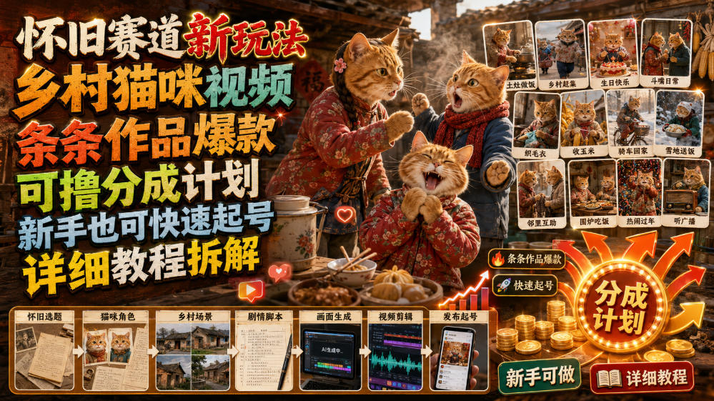 怀旧赛道新玩法，乡村猫咪视频，条条作品爆款，可撸分成计划，新手也可快速起号，详细教程拆解-轻创星球网