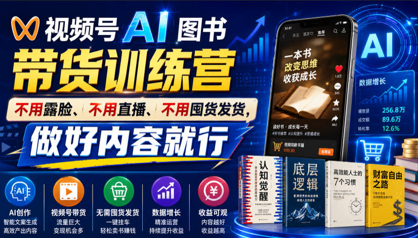 视频号AI图书带货训练营，不用露脸、不用直播、不用囤货发货，做好内容就行，一条爆款视频佣金8942-轻创星球网