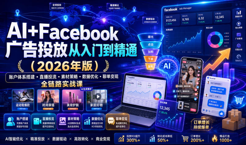 AI+Facebook广告投放从入门到精通(2026年版)｜账户体系搭建・直播投流・素材策略・数据优化・聊单变现全链路实战课-轻创星球网