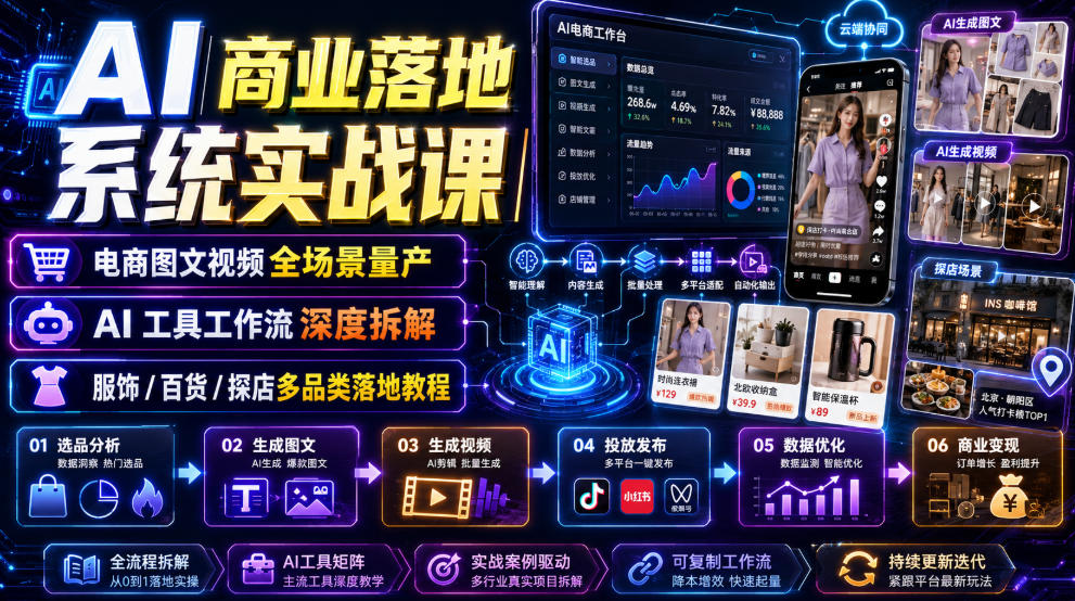 AI商业落地系统实战课｜电商图文视频全场景量产・AI工具工作流深度拆解・服饰/百货/探店多品类落地教程-轻创星球网
