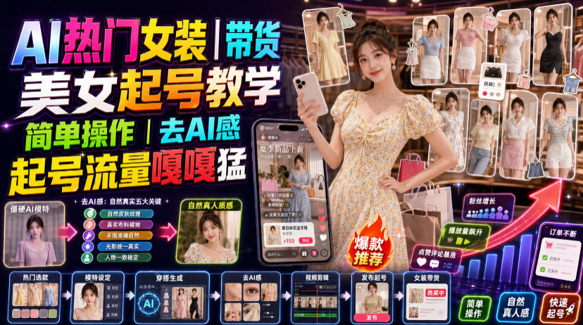 AI热门女装带货丨美女起号教学，简单操作，去AI感，起号流量嘎嘎猛-轻创星球网