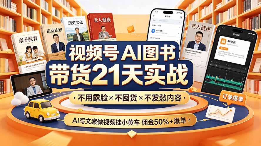 视频号AI图书带货21天实战：不用露脸×不囤货×不发愁内容，AI写文案做视频挂小黄车，佣金50%+爆单-轻创星球网