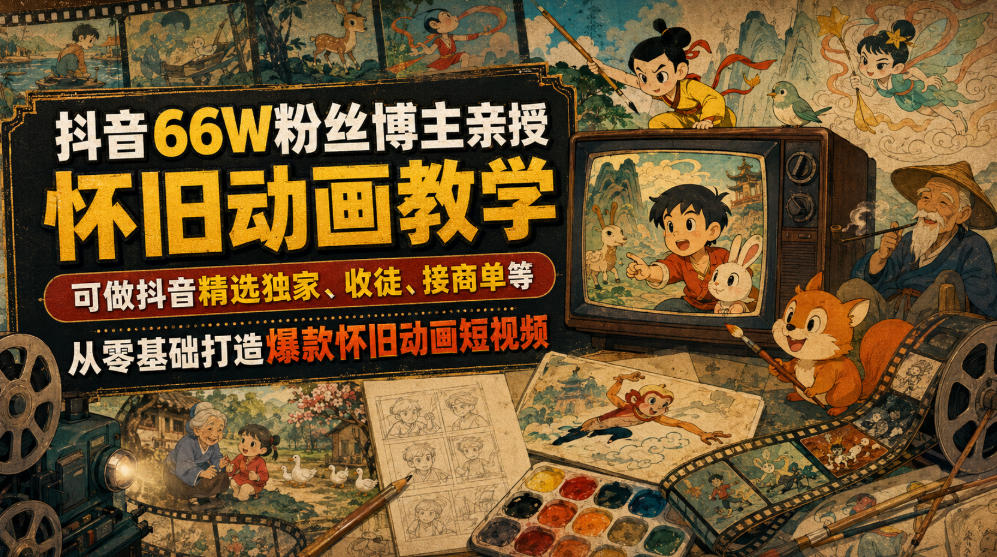 抖音66W粉丝博主亲授怀旧动画教学，可做抖音精选独家、收徒、接商单等，从零基础打造爆款怀旧动画短视频-轻创星球网