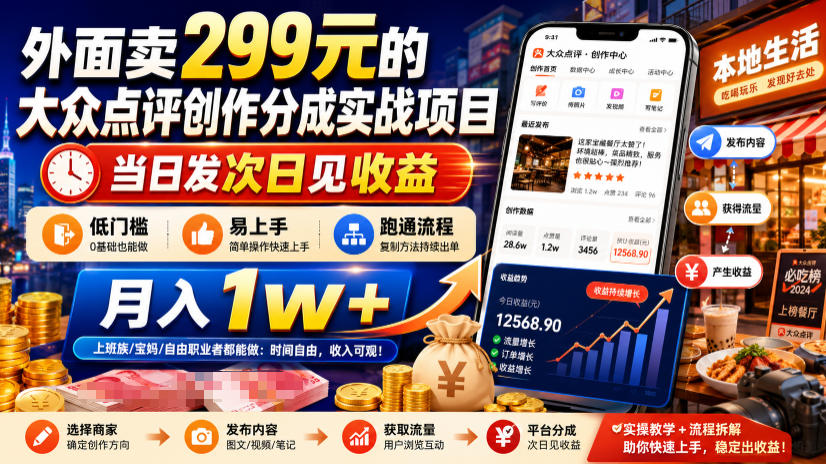 外面卖299元的大众点评创作分成实战项目，当日发次日见收益，低门槛易上手，跑通流程月入1w+-轻创星球网