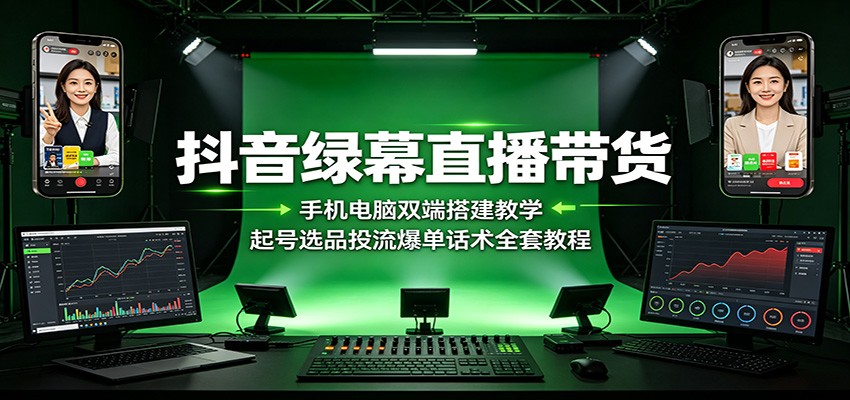 抖音绿幕直播带货：手机电脑双端搭建教学，起号选品投流爆单话术全套教程-轻创星球网