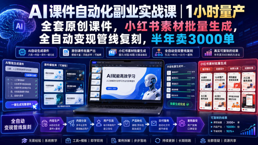 AI课件自动化副业实战课｜1小时量产全套原创课件，小红书素材批量生成，全自动变现管线复刻，半年卖3000单-轻创星球网