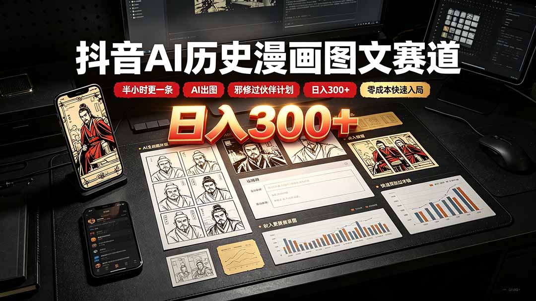 抖音AI历史漫画图文赛道：半小时更一条×AI出图×邪修过伙伴计划×日入300+，零成本快速入局-轻创星球网