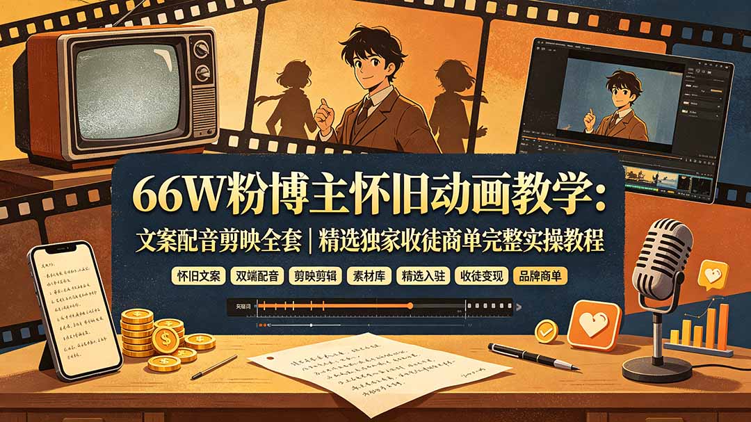 66W粉博主怀旧动画教学：文案配音剪映全套｜精选独家收徒商单完整实操教程-轻创星球网