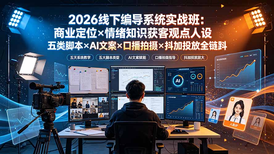 2026线下编导系统实战班：商业定位×情绪知识获客观点人设五类脚本×AI文案×口播拍摄×抖加投放全链路-轻创星球网