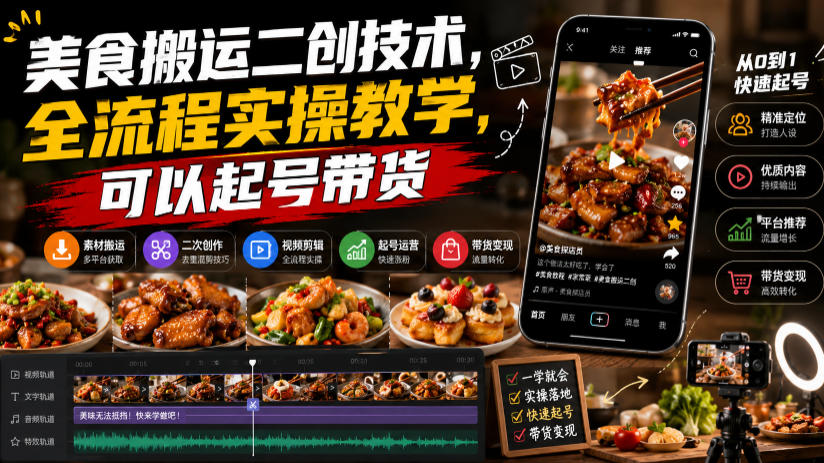 美食搬运二创技术，全流程实操教学，可以起号带货-轻创星球网