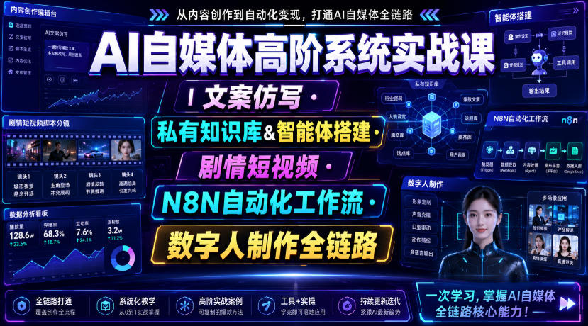 AI自媒体高阶系统实战课｜文案仿写・私有知识库&智能体搭建・剧情短视频・N8N自动化工作流・数字人制作全链路-轻创星球网