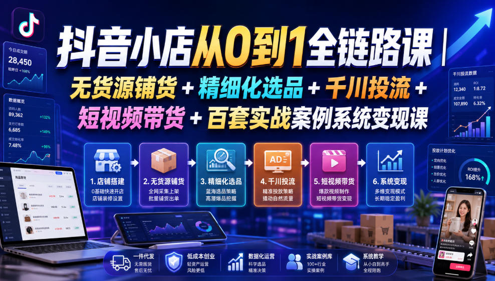 抖音小店从0到1全链路课｜无货源铺货+精细化选品+千川投流+短视频带货+百套实战案例系统变现课(2026年7月更新)-轻创星球网