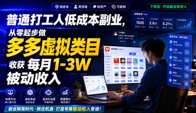 普通打工人低成本副业，从零起步做多多虚拟类目，收获每月1-3W被动收入【揭秘】-轻创星球网