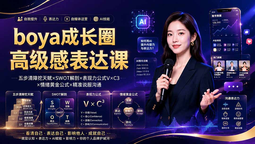 boya成长圈｜内心成长高级表达AI自媒体三合一，消解内耗挖掘天赋，镜头沟通AI指令短视频全流程教学-轻创星球网