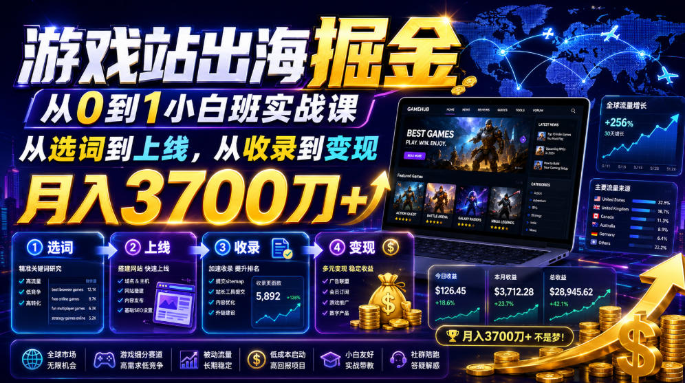 游戏站出海掘金从0到1小白实战课，从选词到上线，从收录到变现，月入3700刀+-轻创星球网
