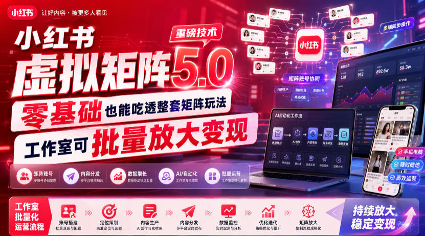 小红书虚拟矩阵5.0重磅技术，零基础也能吃透整套矩阵玩法，工作室可批量放大变现-轻创星球网