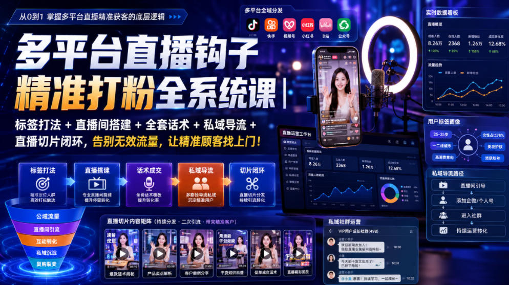 多平台直播钩子精准打粉全系统课｜标签打法+直播间搭建+全套话术+私域导流+直播切片闭环，告别无效流量，让精准顾客找上门！-轻创星球网