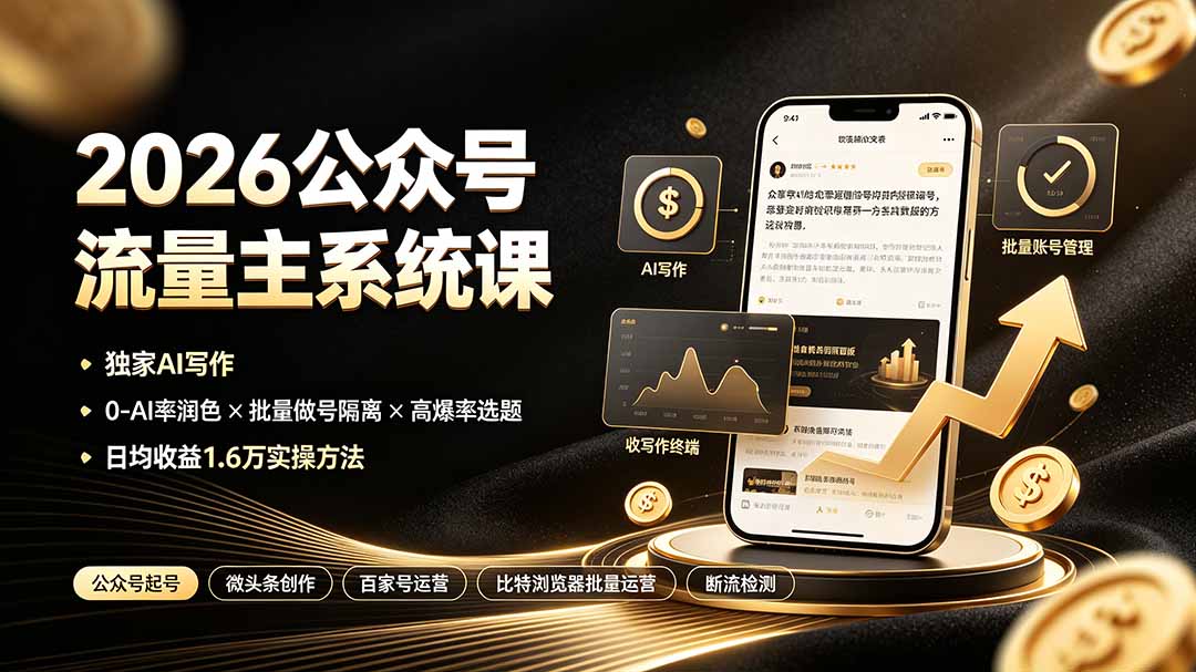 2026公众号流量主系统课：独家AI写作×0-AI率润色×批量做号隔离×高爆率选题，日均收益1.6万实操方法-轻创星球网