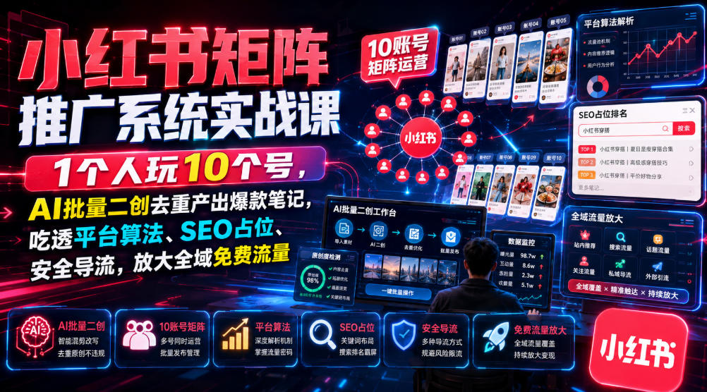 小红书矩阵推广系统实战课｜1个人玩10个号，AI批量二创去重产出爆款笔记，吃透平台算法、SEO占位、安全导流，放大全域免费流量-轻创星球网