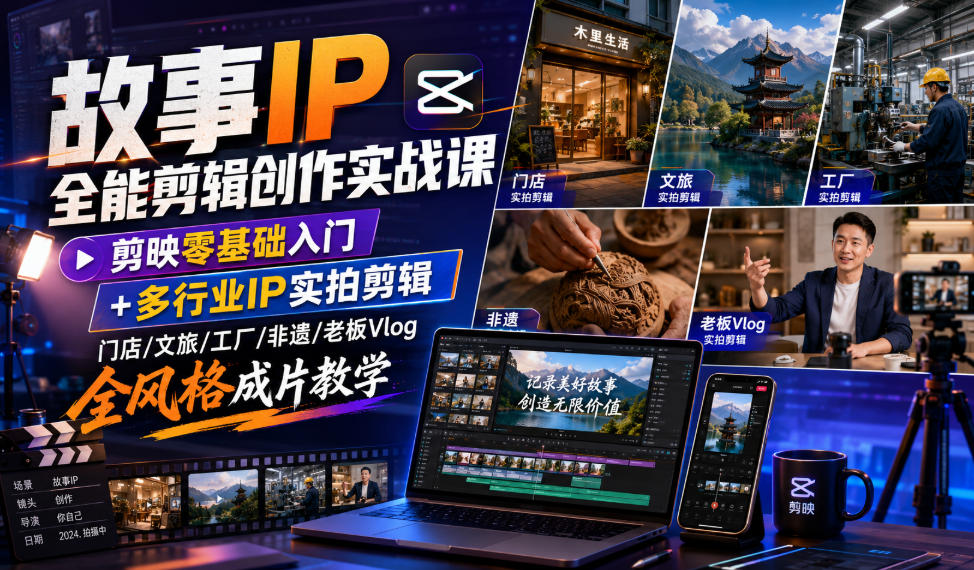 故事IP全能剪辑创作实战课｜剪映零基础入门+多行业IP实拍剪辑，门店/文旅/工厂/非遗/老板Vlog全风格成片教学-轻创星球网