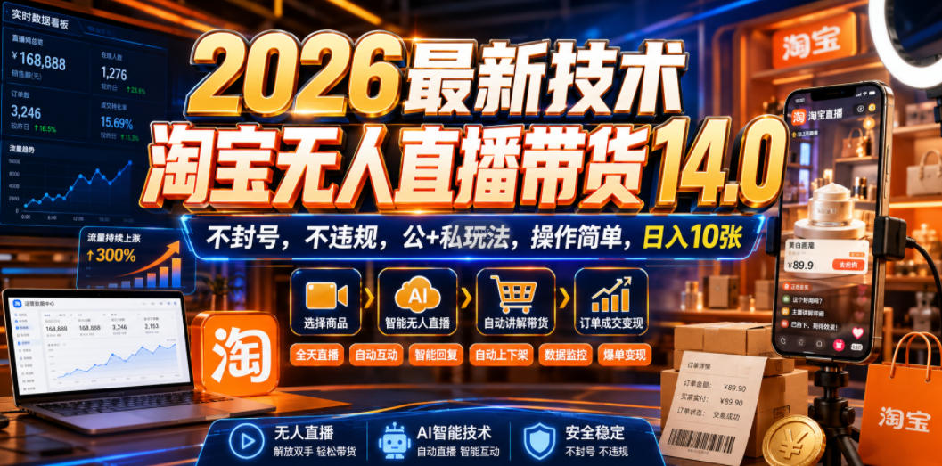 2026最新技术,淘宝无人直播带货14.0,不封号,不违规,公+私玩法,操作简单,日入10张【揭秘】