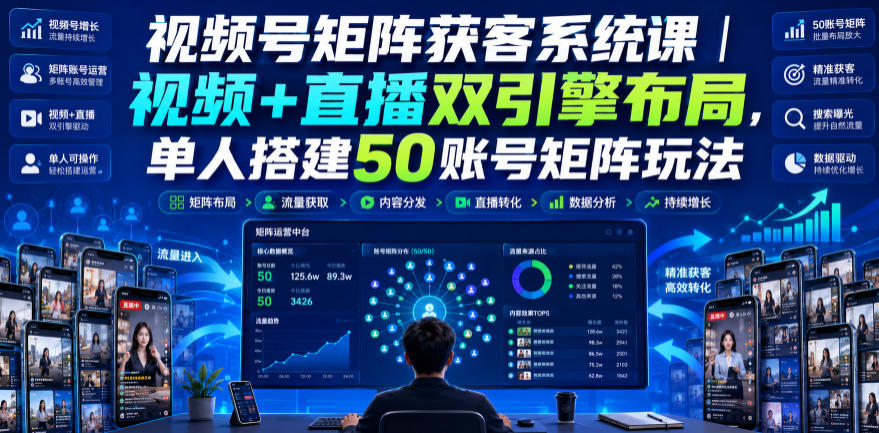 视频号矩阵获客系统课|视频+直播双引擎布局,单人搭建50账号矩阵玩法,流量入池、搜索占位、全域引流沉淀私域全流程教学-轻创星球网