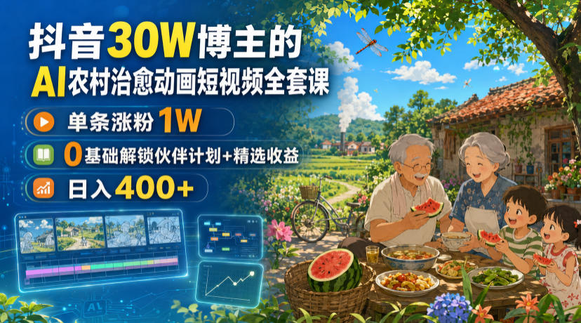 抖音30W博主的AI农村治愈动画短视频全套课｜单条涨粉1W，0基础解锁伙伴计划+精选收益，日入400+-轻创星球网