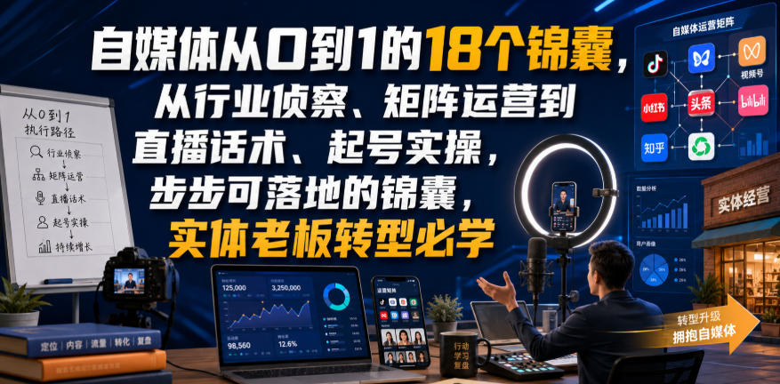 自媒体从0到1的18个锦囊,从行业侦察、矩阵运营到直播话术、起号实操,步步可落地的锦囊,实体老板转型必学