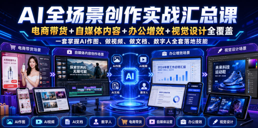 AI全场景创作实战汇总课｜电商带货+自媒体内容+办公增效+视觉设计全覆盖，一套掌握AI作图、做视频、做文档、数字人全套落地技能-轻创星球网