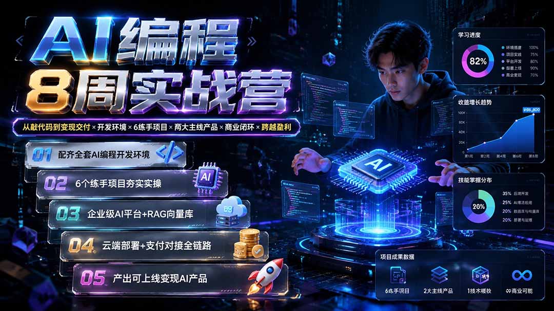 AI编程8周实战营：从敲代码到变现交付×开发环境×6练手项目×两大主线产品×商业闭环×跨越盈利-轻创星球网